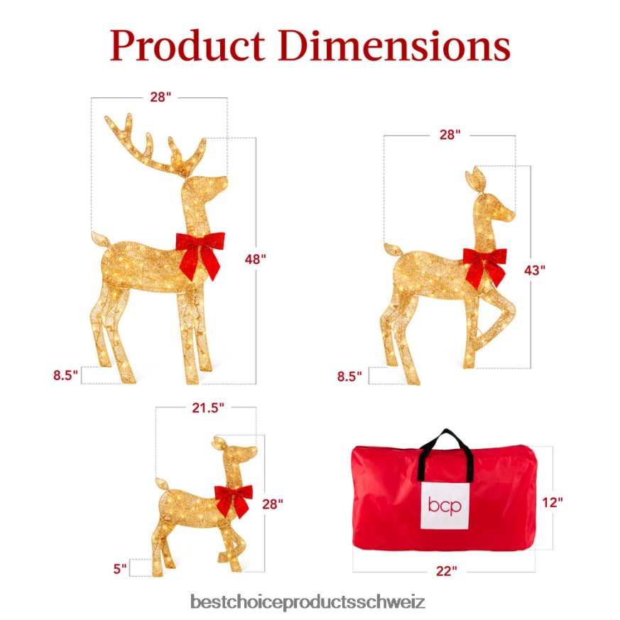 Best Choice Products 3-teiliges beleuchtetes 2D-Weihnachtshirsch-Set für den Außenbereich mit 175 LED-Lichtern Gold 2JD022236