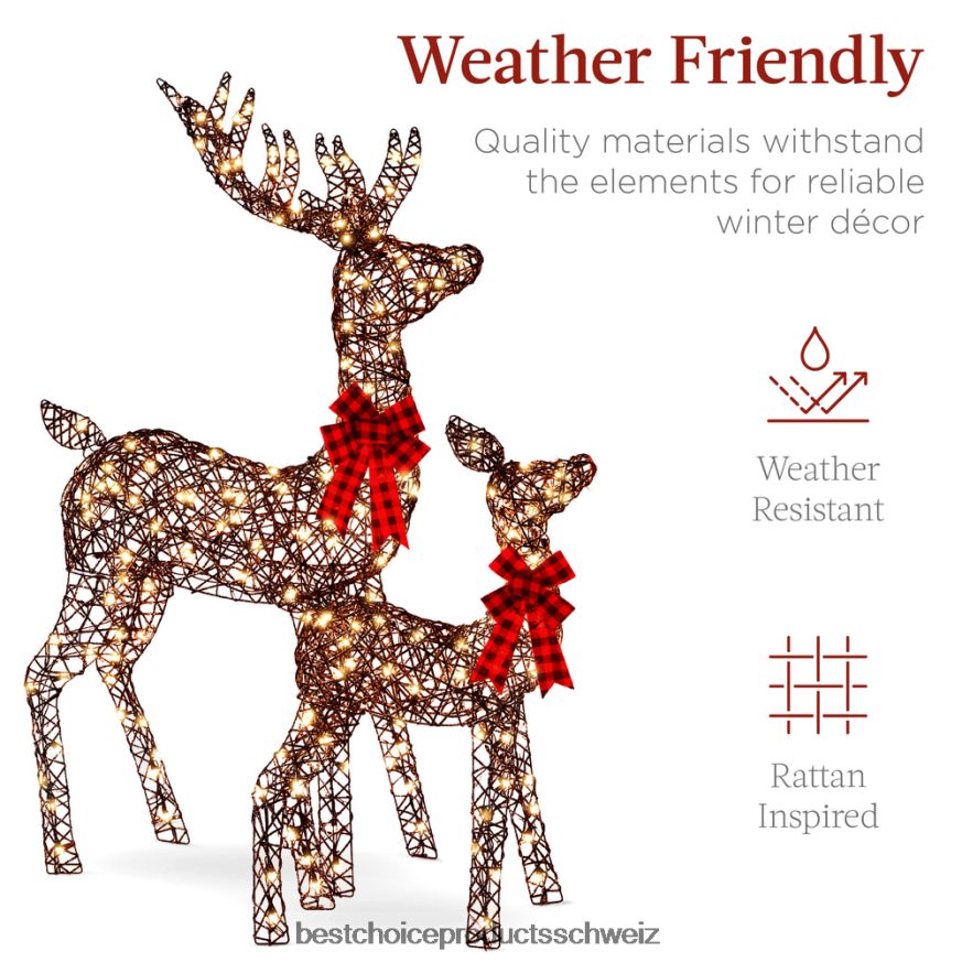 Best Choice Products 3-teiliges beleuchtetes Hirschfamilien-Außendekorset aus Rattan mit 360°-Lichtern braun 2JD02269