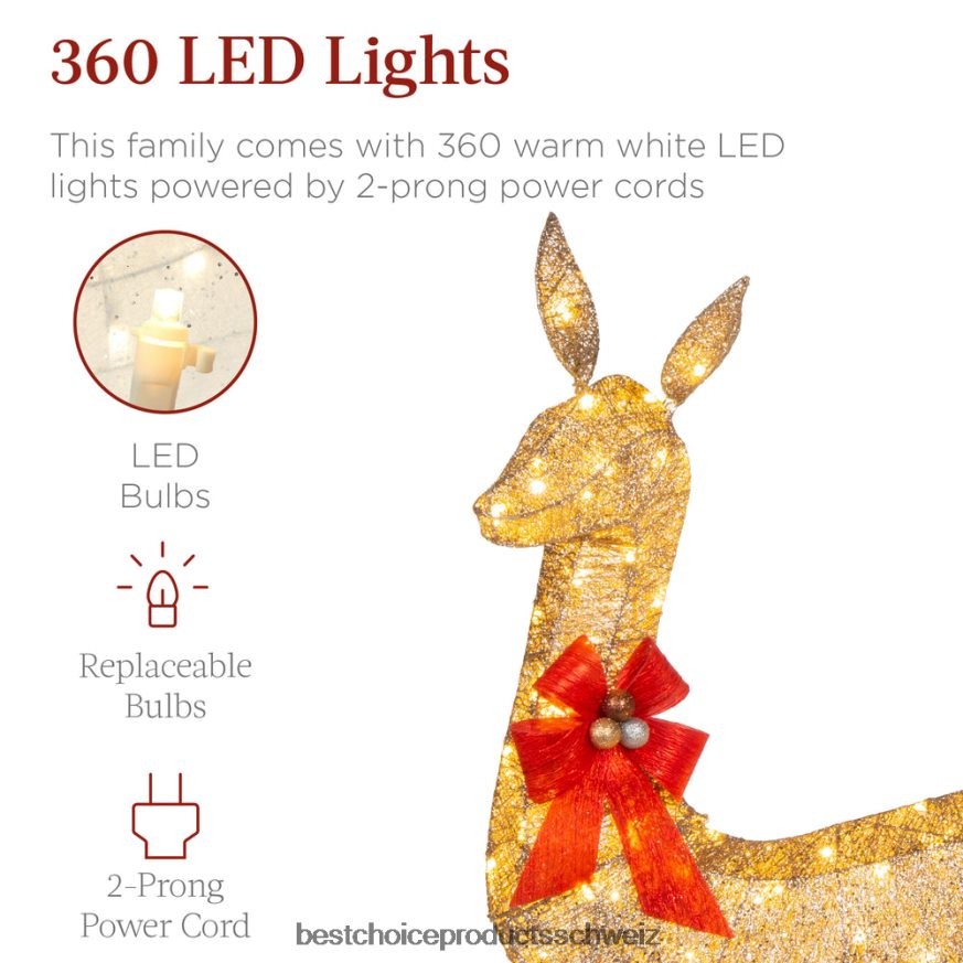 Best Choice Products 3-teiliges beleuchtetes Weihnachtshirsch-Set für den Außenbereich mit LED-Lichtern Gold 2JD02218