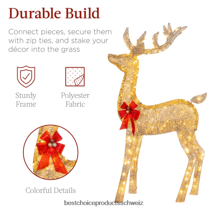 Best Choice Products 3-teiliges beleuchtetes Weihnachtshirsch-Set für den Außenbereich mit LED-Lichtern Gold 2JD02218