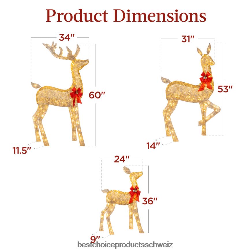 Best Choice Products 3-teiliges beleuchtetes Weihnachtshirsch-Set für den Außenbereich mit LED-Lichtern Gold 2JD02218