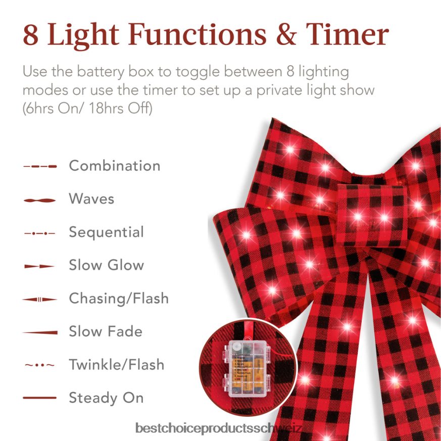 Best Choice Products 3er-Set vorbeleuchtete Weihnachtsschleifendekoration, LED-Weihnachtsdekoration mit 8 Funktionen Plaid 2JD02260