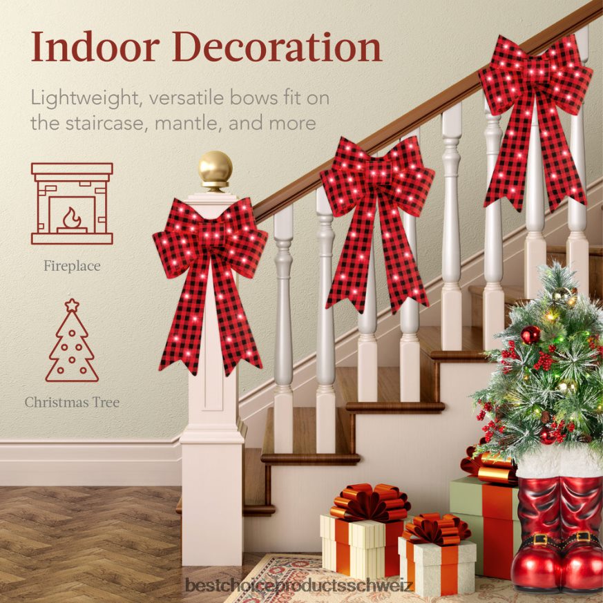 Best Choice Products 3er-Set vorbeleuchtete Weihnachtsschleifendekoration, LED-Weihnachtsdekoration mit 8 Funktionen Plaid 2JD02260