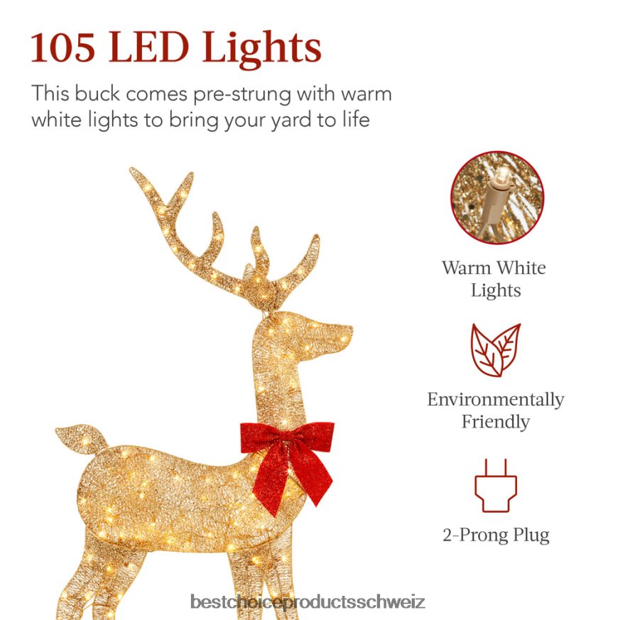 Best Choice Products Beleuchtete 2D-Weihnachtsbock-Außendekoration mit 105 LED-Lichtern Gold 2JD022145