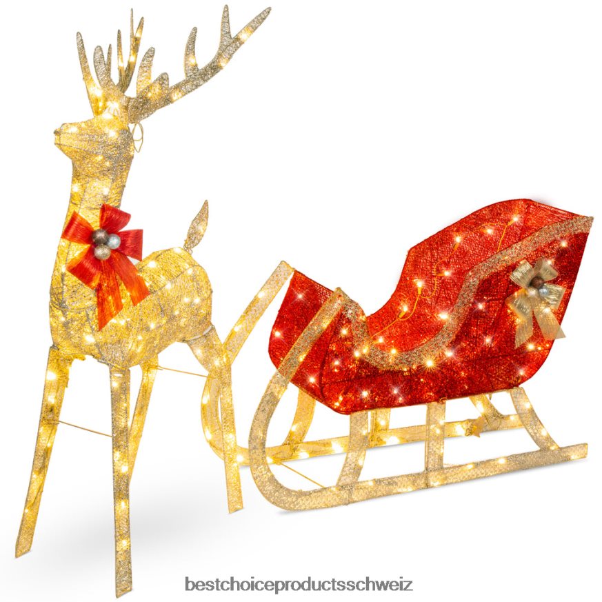 Best Choice Products Beleuchtetes Weihnachts-Rentier- und Schlitten-Außendekorationsset mit LED-Lichtern Gold 2JD02245