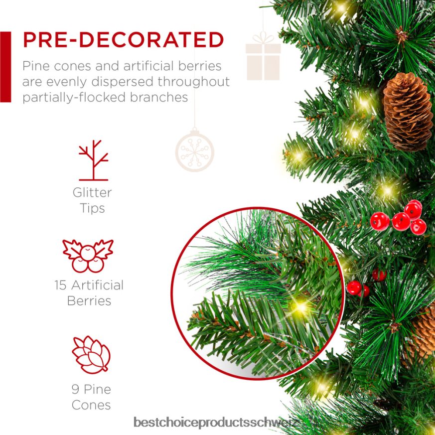 Best Choice Products Vorbeleuchtete, vordekorierte Girlande mit Zweigspitzen aus PVC, 50 Lichter Grün 2JD022136