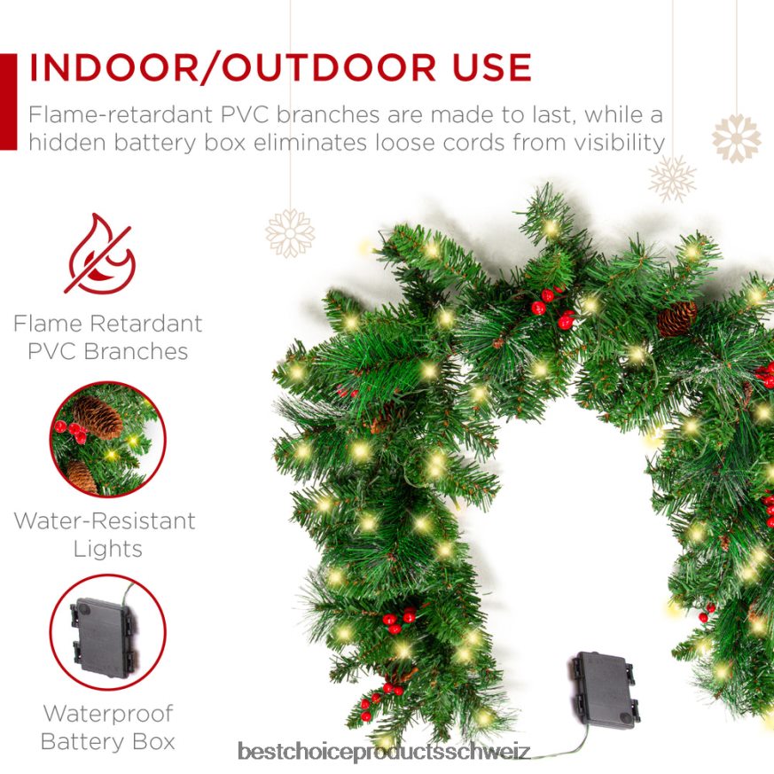 Best Choice Products Vorbeleuchtete, vordekorierte Girlande mit Zweigspitzen aus PVC, 50 Lichter Grün 2JD022136