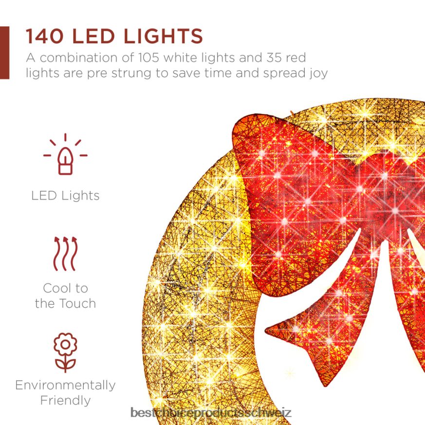 Best Choice Products Vorbeleuchteter Weihnachtskranz für den Außenbereich, LED-Weihnachtsdekoration aus Metall mit Schleife gold/rot 2JD022123