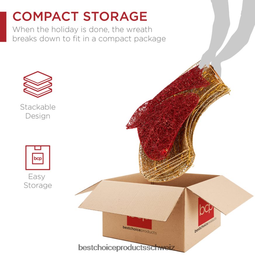 Best Choice Products Vorbeleuchteter Weihnachtskranz für den Außenbereich, LED-Weihnachtsdekoration aus Metall mit Schleife gold/rot 2JD022123