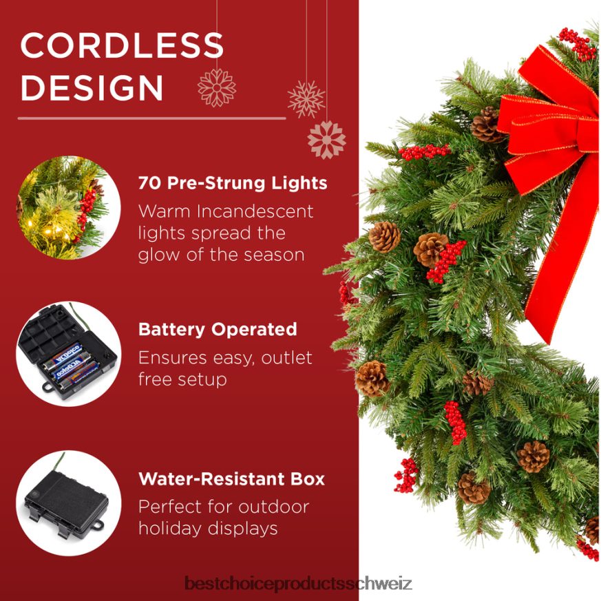 Best Choice Products Vorbeleuchteter batteriebetriebener Weihnachtskranz mit Lichtern, PVC-Spitzen und Band Schönheit 2JD02238