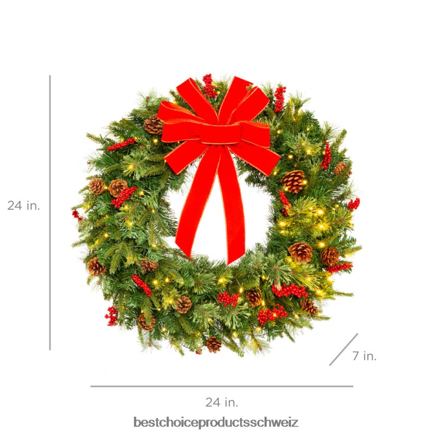 Best Choice Products Vorbeleuchteter batteriebetriebener Weihnachtskranz mit Lichtern, PVC-Spitzen und Band Schönheit 2JD02238