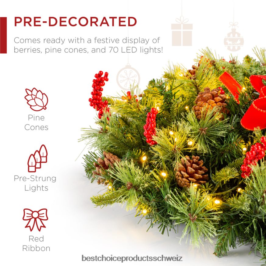 Best Choice Products Vorbeleuchteter batteriebetriebener Weihnachtskranz mit Lichtern, PVC-Spitzen und Band Schönheit 2JD02239