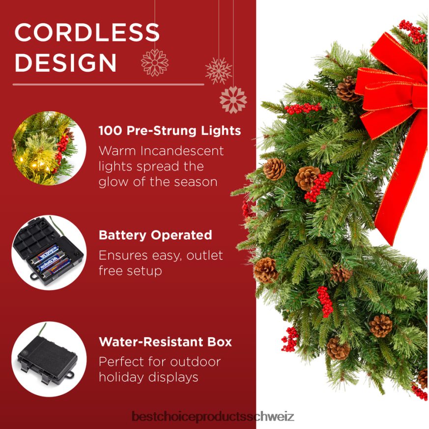 Best Choice Products Vorbeleuchteter batteriebetriebener Weihnachtskranz mit Lichtern, PVC-Spitzen und Band Schönheit 2JD02239