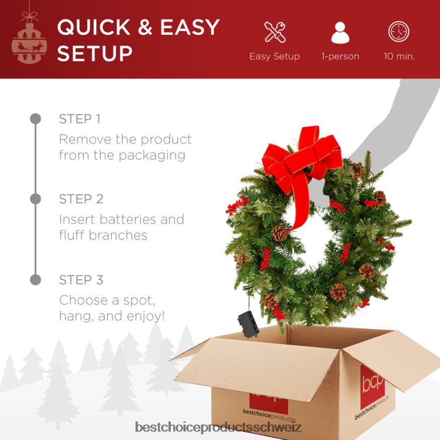 Best Choice Products Vorbeleuchteter batteriebetriebener Weihnachtskranz mit Lichtern, PVC-Spitzen und Band Schönheit 2JD02239