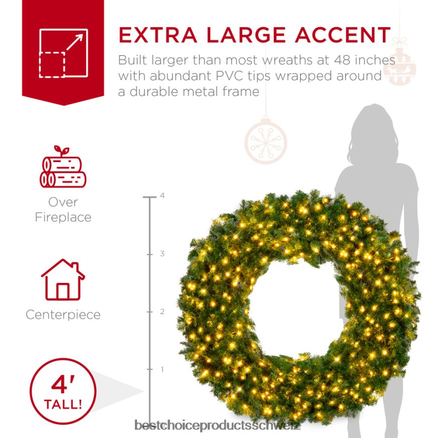 Best Choice Products Vorbeleuchteter künstlicher Tannen-Weihnachtskranz mit LED-Lichtern, Plug-in, PVC-Spitzen Schönheit 2JD02294