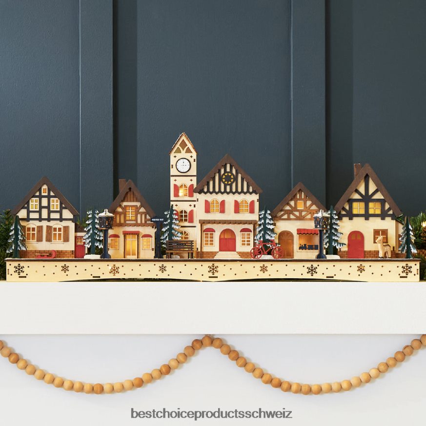 Best Choice Products Vorbeleuchtetes Weihnachtsdorf aus Holz, winterlicher Kaminsims mit 20 LED-Lichtern mehrfarbig 2JD022243