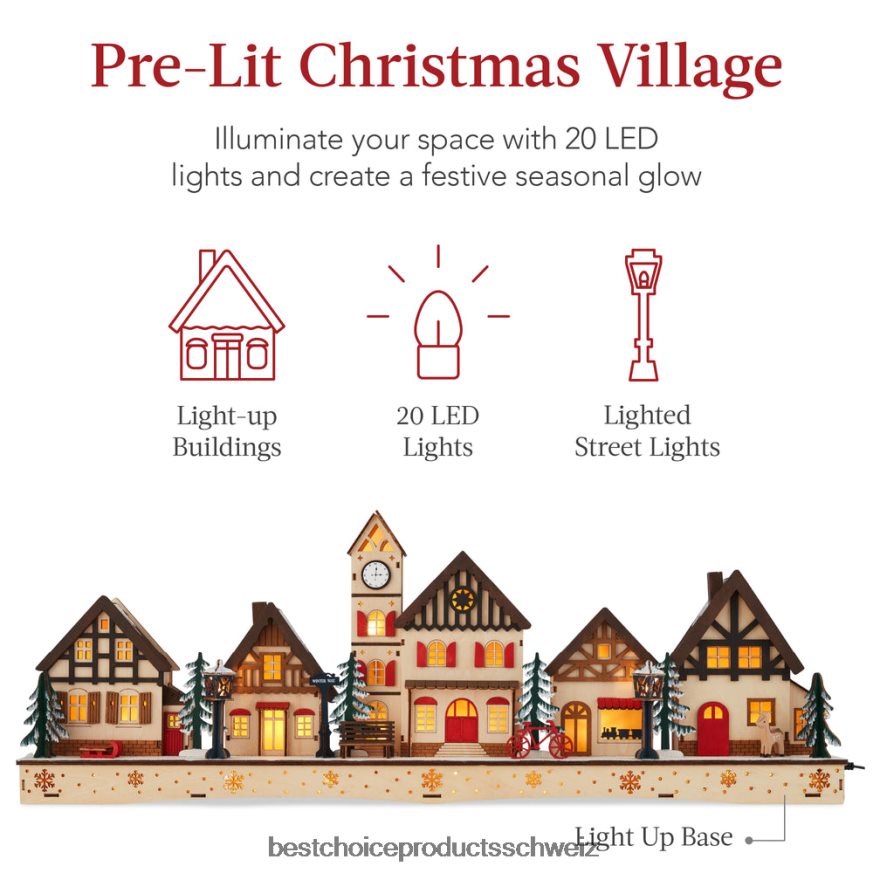 Best Choice Products Vorbeleuchtetes Weihnachtsdorf aus Holz, winterlicher Kaminsims mit 20 LED-Lichtern mehrfarbig 2JD022243