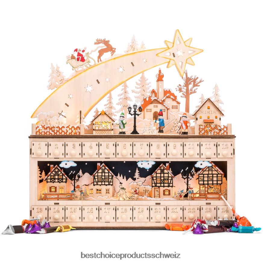 Best Choice Products Weihnachts-Sternschnuppen-Adventskalender aus Holz mit LED-Lichthintergrund Beige 2JD02232