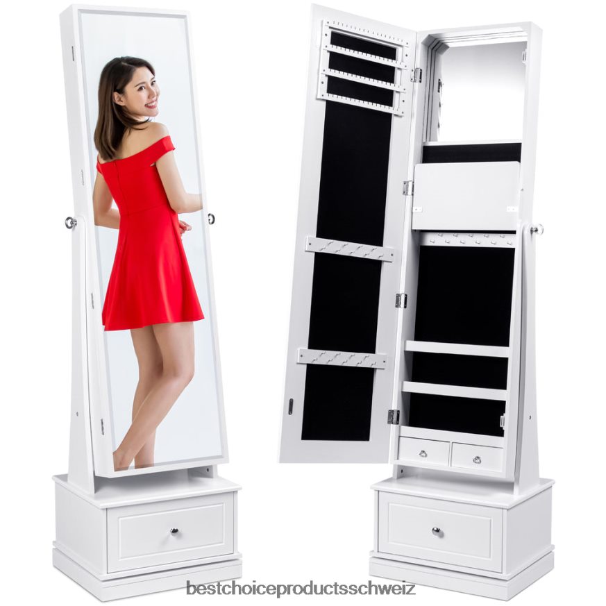 Best Choice Products 360 drehbarer Schmuckschrank mit Spiegel, LED-Leuchten und Spiegel Weiß 2JD0221234