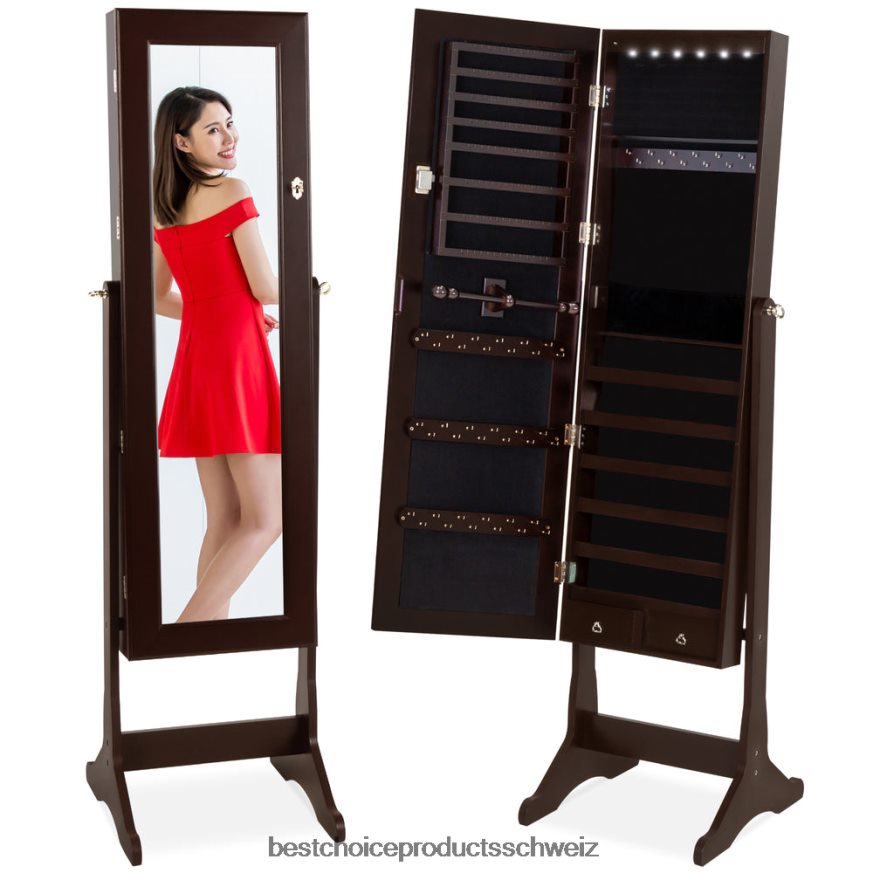Best Choice Products 6-stufiger Schmuckspiegelschrank mit LED-Beleuchtung Espresso 2JD022711