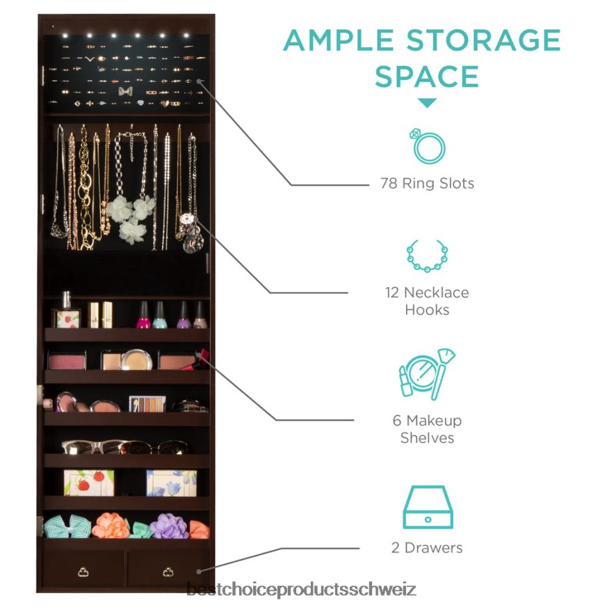 Best Choice Products 6-stufiger Schmuckspiegelschrank mit LED-Beleuchtung Espresso 2JD022711