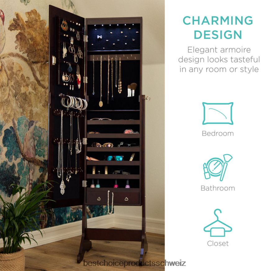 Best Choice Products 6-stufiger Schmuckspiegelschrank mit LED-Beleuchtung Espresso 2JD022711