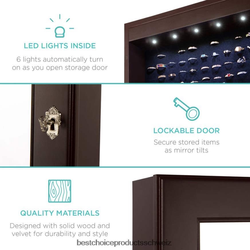 Best Choice Products 6-stufiger Schmuckspiegelschrank mit LED-Beleuchtung Espresso 2JD022711