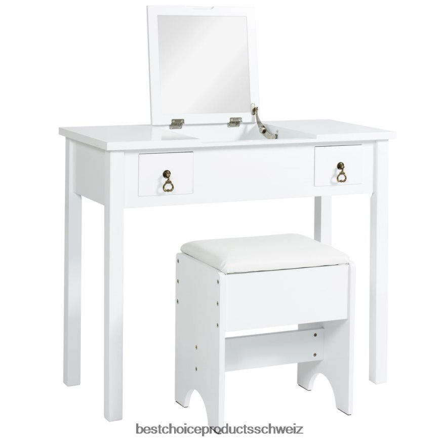 Best Choice Products Badezimmer-Schminktisch-Set mit quadratischem Spiegel und Hocker Weiß 2JD0221303