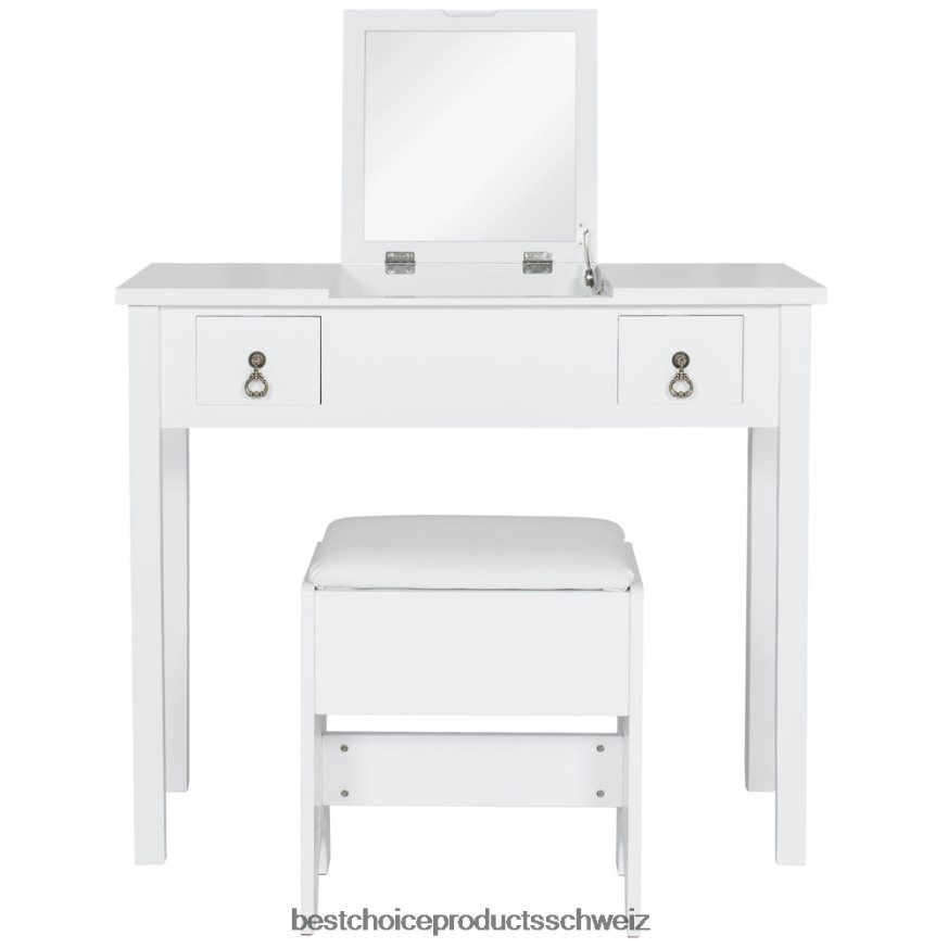 Best Choice Products Badezimmer-Schminktisch-Set mit quadratischem Spiegel und Hocker Weiß 2JD0221303