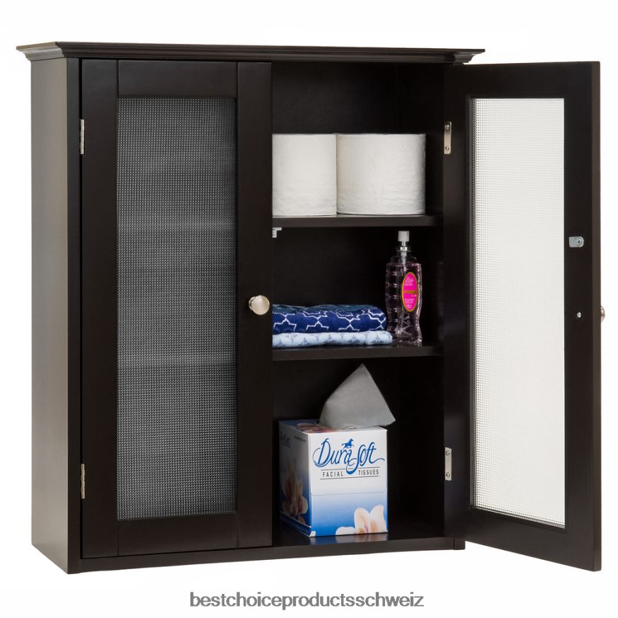 Best Choice Products Badezimmer-Wandaufbewahrungs-Medizinschrank mit Doppeltüren aus gehärtetem Glas braun 2JD0221282