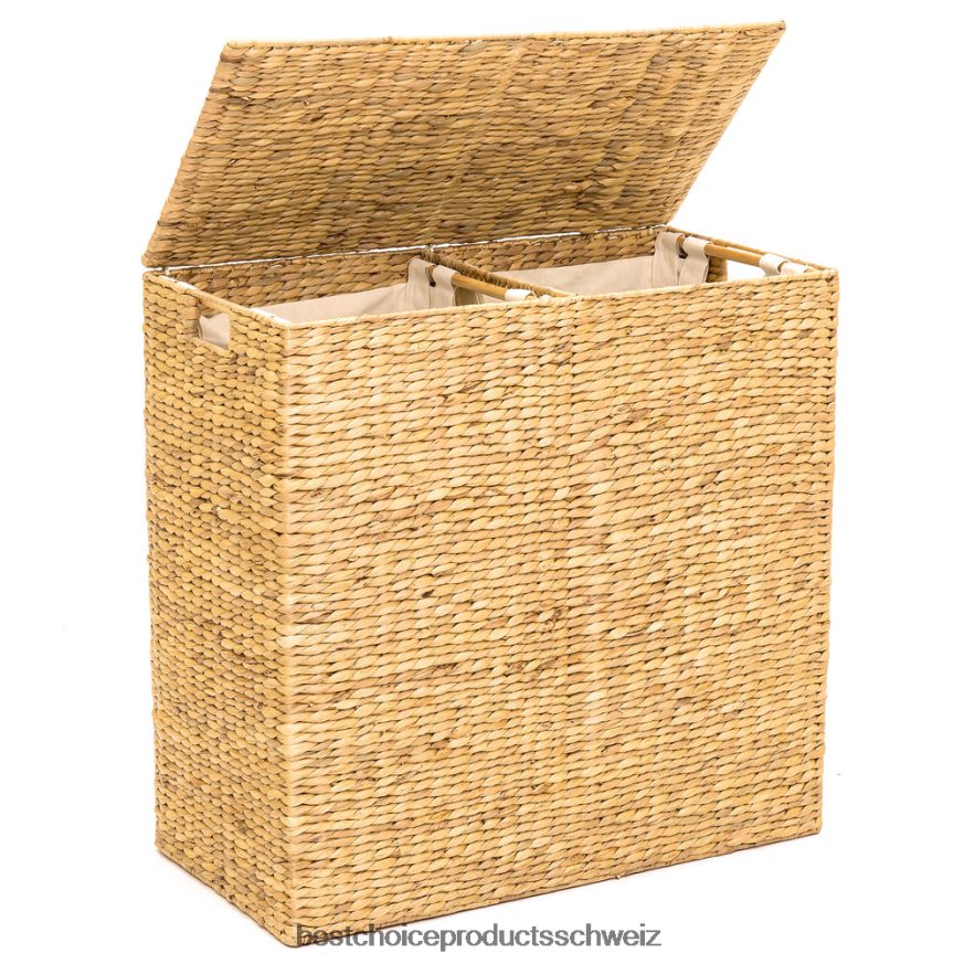 Best Choice Products Extra großer Doppel-Wäschekorb aus Wasserhyazinthe mit 2 Innenbeuteln braun 2JD022348