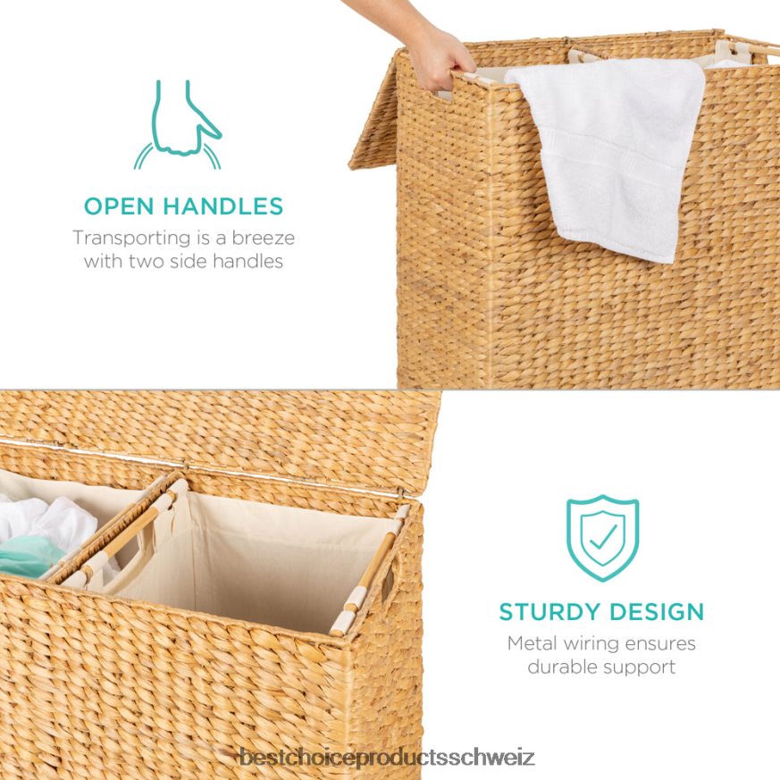 Best Choice Products Extra großer Doppel-Wäschekorb aus Wasserhyazinthe mit 2 Innenbeuteln braun 2JD022348