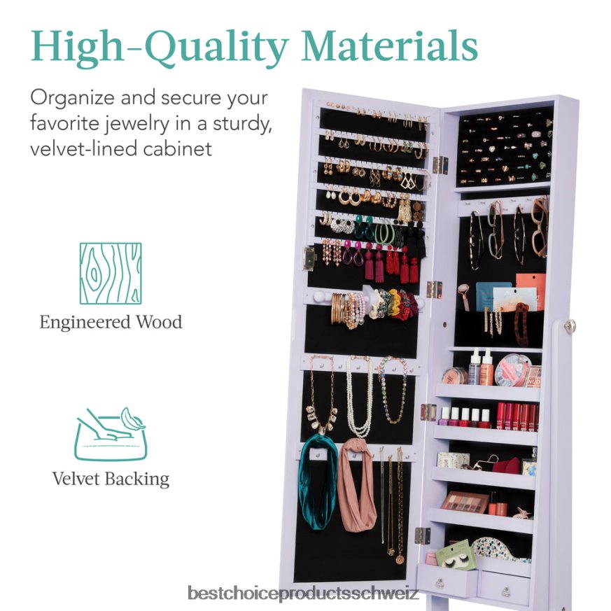 Best Choice Products Freistehender Schmuckspiegelschrank in voller Länge mit Samtinnenseite Lavendel 2JD0221200