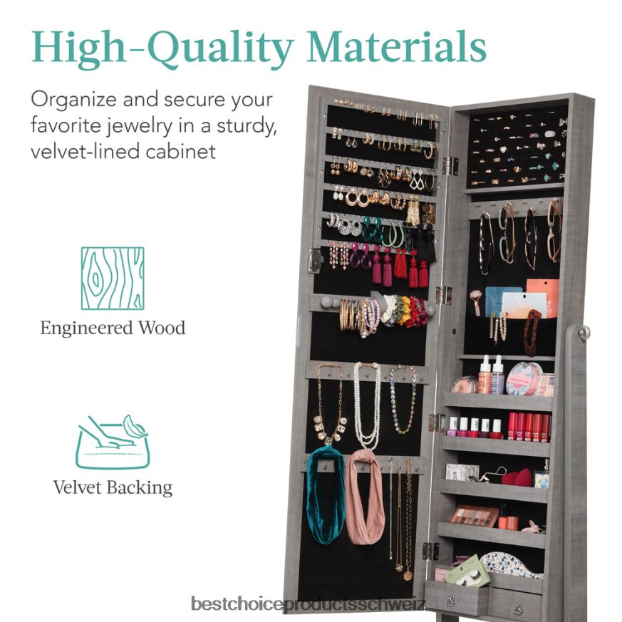 Best Choice Products Freistehender Schmuckspiegelschrank in voller Länge mit Samtinnenseite graue Eiche 2JD0221198