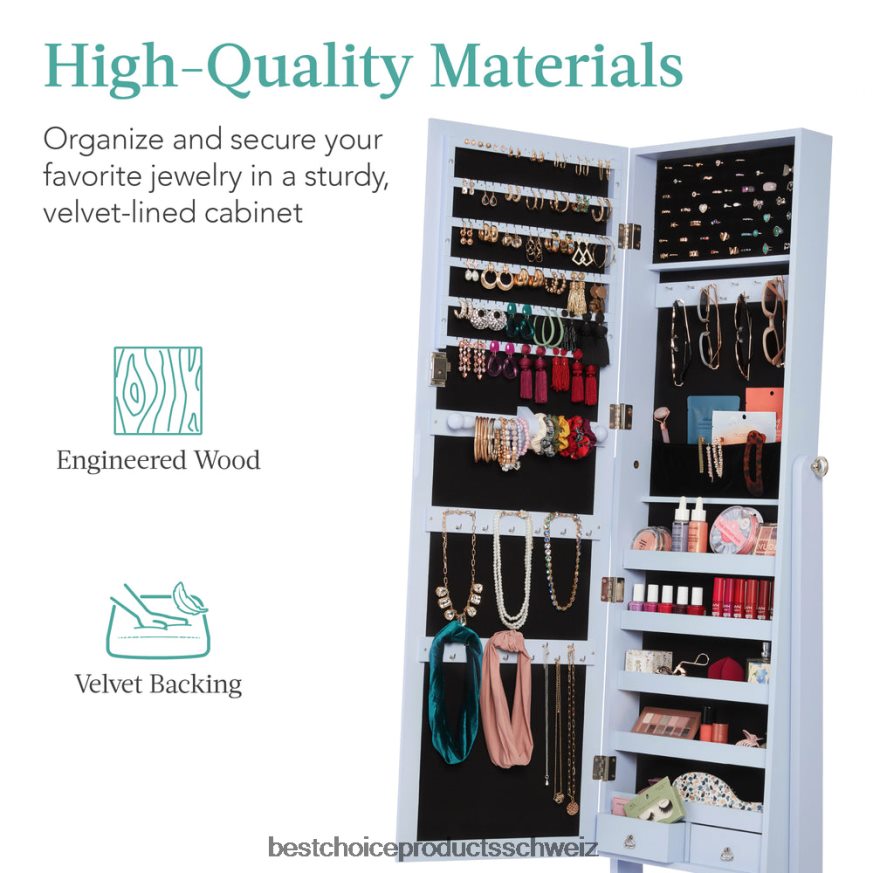 Best Choice Products Freistehender Schmuckspiegelschrank in voller Länge mit Samtinnenseite puderblau 2JD0221203