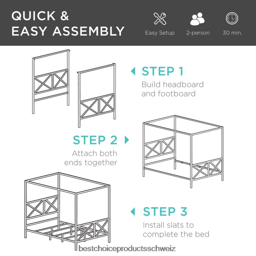Best Choice Products Modernes 4-Pfosten-Queensize-Himmelbett aus Metall mit Kopf- und Fußteil Weiß 2JD0221300
