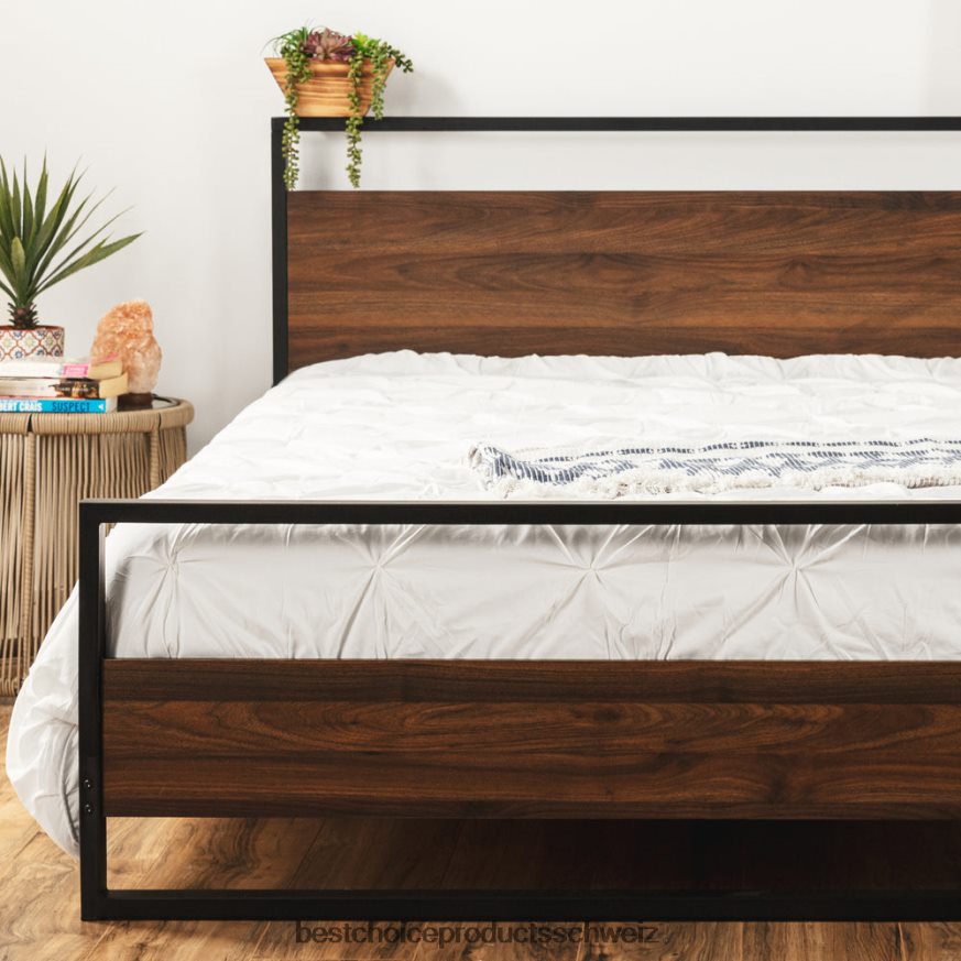 Best Choice Products Queensize-Bettgestell aus Metall und Holzplattform mit Holzlatten Schwarz Braun 2JD022350