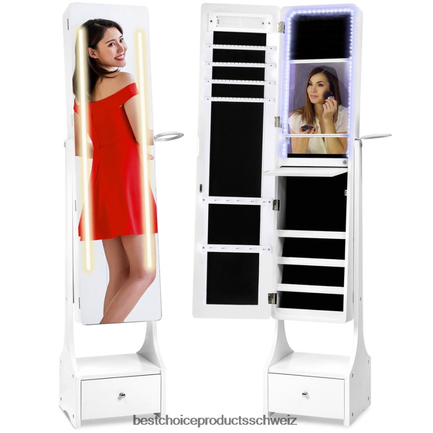 Best Choice Products Steh-Schmuckschrank mit LED-Spiegel und Innen- und Außenbeleuchtung Weiß 2JD0221184