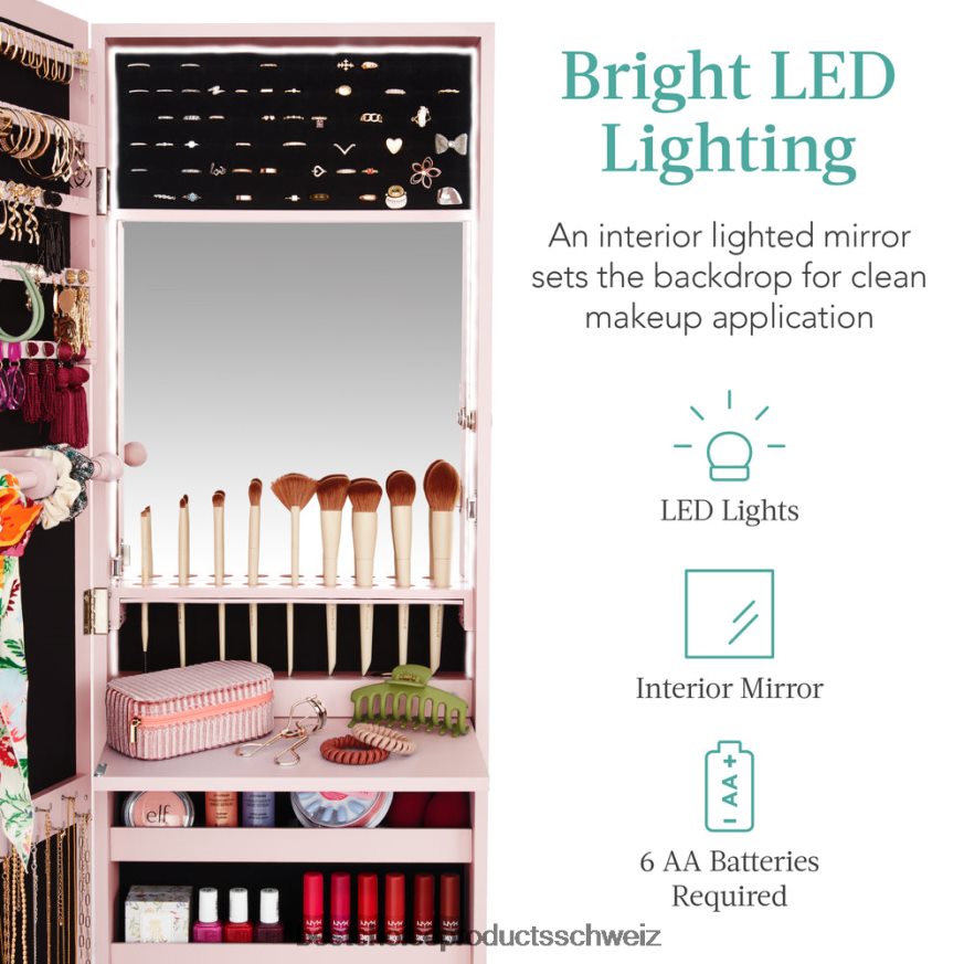 Best Choice Products Tür-/Wandmontagespiegel, Schmuckschrank, Schrank mit Innenspiegel und LED-Leuchten Altrosa 2JD022604