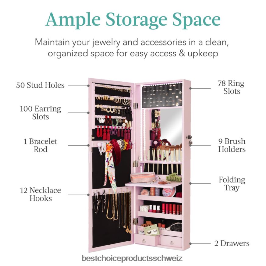 Best Choice Products Tür-/Wandmontagespiegel, Schmuckschrank, Schrank mit Innenspiegel und LED-Leuchten Altrosa 2JD022604