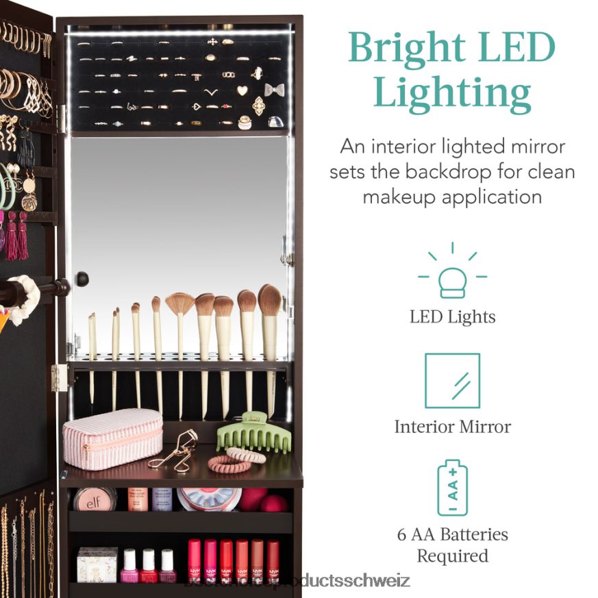 Best Choice Products Tür-/Wandmontagespiegel, Schmuckschrank, Schrank mit Innenspiegel und LED-Leuchten Espresso 2JD022605