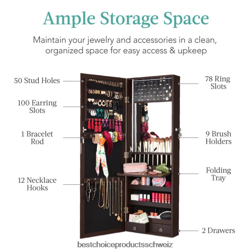 Best Choice Products Tür-/Wandmontagespiegel, Schmuckschrank, Schrank mit Innenspiegel und LED-Leuchten Espresso 2JD022605