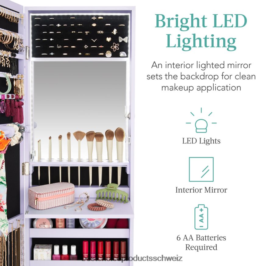 Best Choice Products Tür-/Wandmontagespiegel, Schmuckschrank, Schrank mit Innenspiegel und LED-Leuchten Lavendel 2JD022599