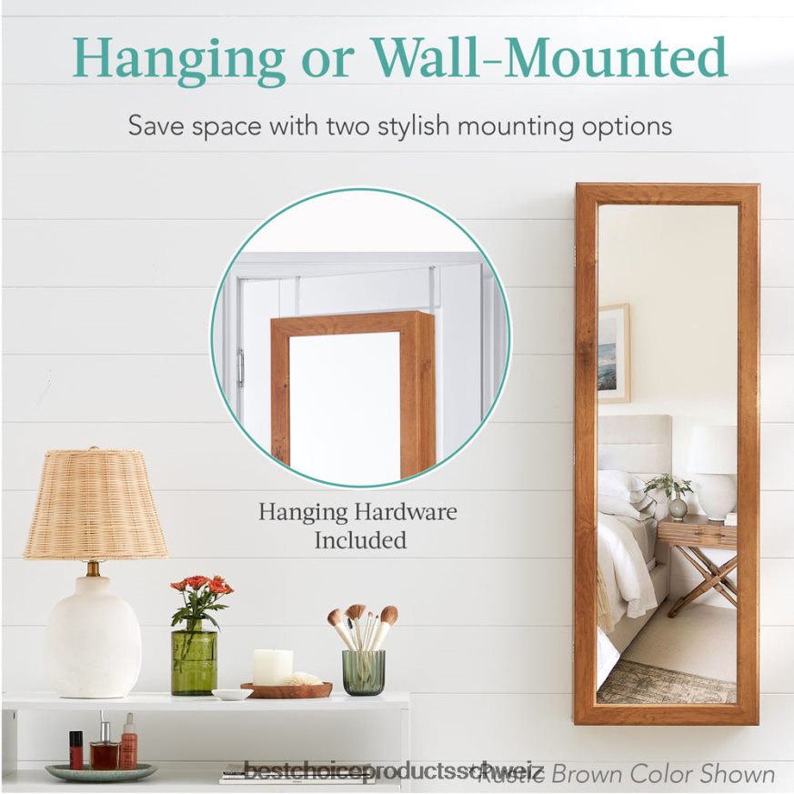 Best Choice Products Tür-/Wandmontagespiegel, Schmuckschrank, Schrank mit Innenspiegel und LED-Leuchten Nussbaum 2JD022603