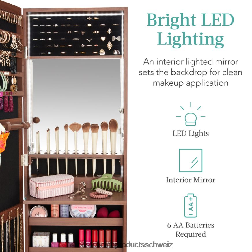 Best Choice Products Tür-/Wandmontagespiegel, Schmuckschrank, Schrank mit Innenspiegel und LED-Leuchten Nussbaum 2JD022603