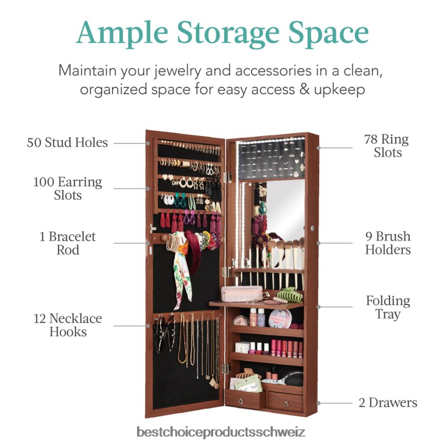 Best Choice Products Tür-/Wandmontagespiegel, Schmuckschrank, Schrank mit Innenspiegel und LED-Leuchten Nussbaum 2JD022603