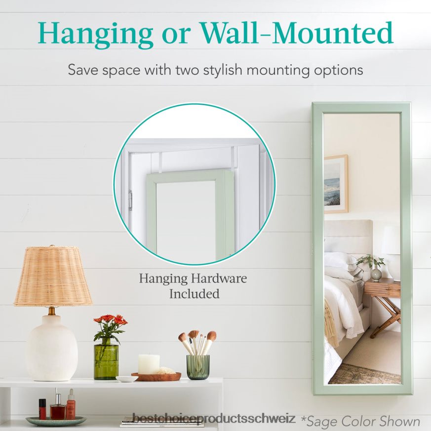 Best Choice Products Tür-/Wandmontagespiegel, Schmuckschrank, Schrank mit Innenspiegel und LED-Leuchten Salbei 2JD022598