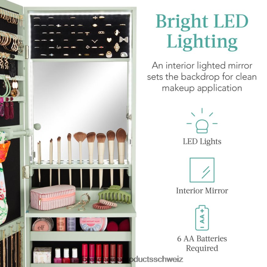 Best Choice Products Tür-/Wandmontagespiegel, Schmuckschrank, Schrank mit Innenspiegel und LED-Leuchten Salbei 2JD022598