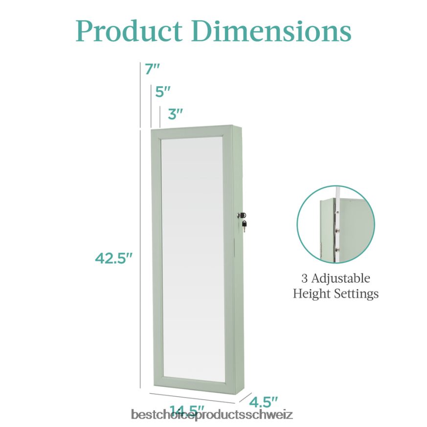 Best Choice Products Tür-/Wandmontagespiegel, Schmuckschrank, Schrank mit Innenspiegel und LED-Leuchten Salbei 2JD022598