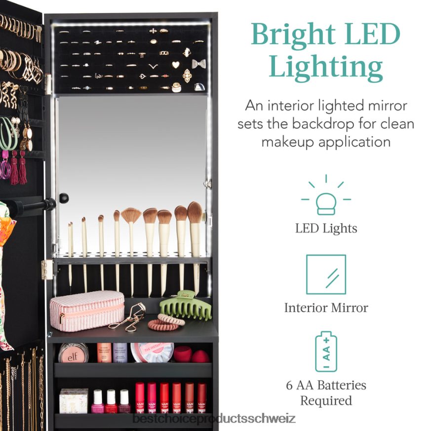 Best Choice Products Tür-/Wandmontagespiegel, Schmuckschrank, Schrank mit Innenspiegel und LED-Leuchten Schwarz 2JD022602